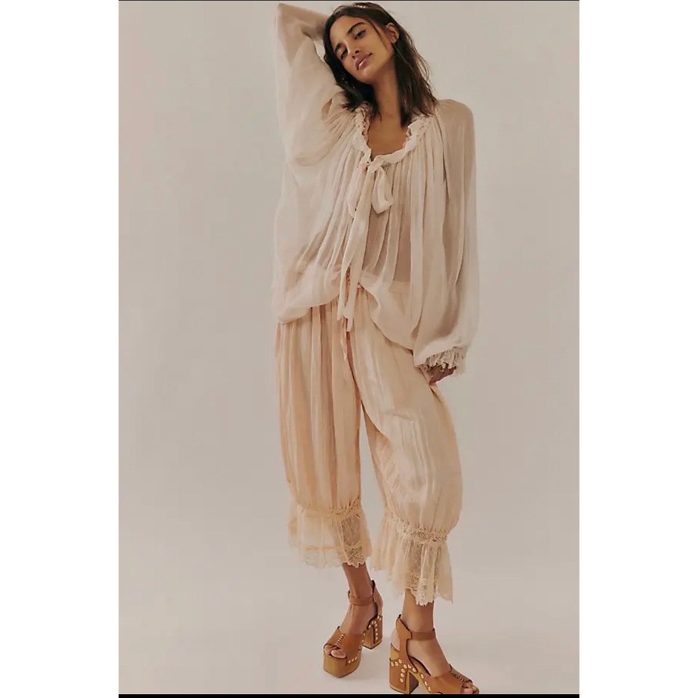 Free People Chiffon Bow Top Sheer Ruffle Tie Front Blouse Cream Pink NWT